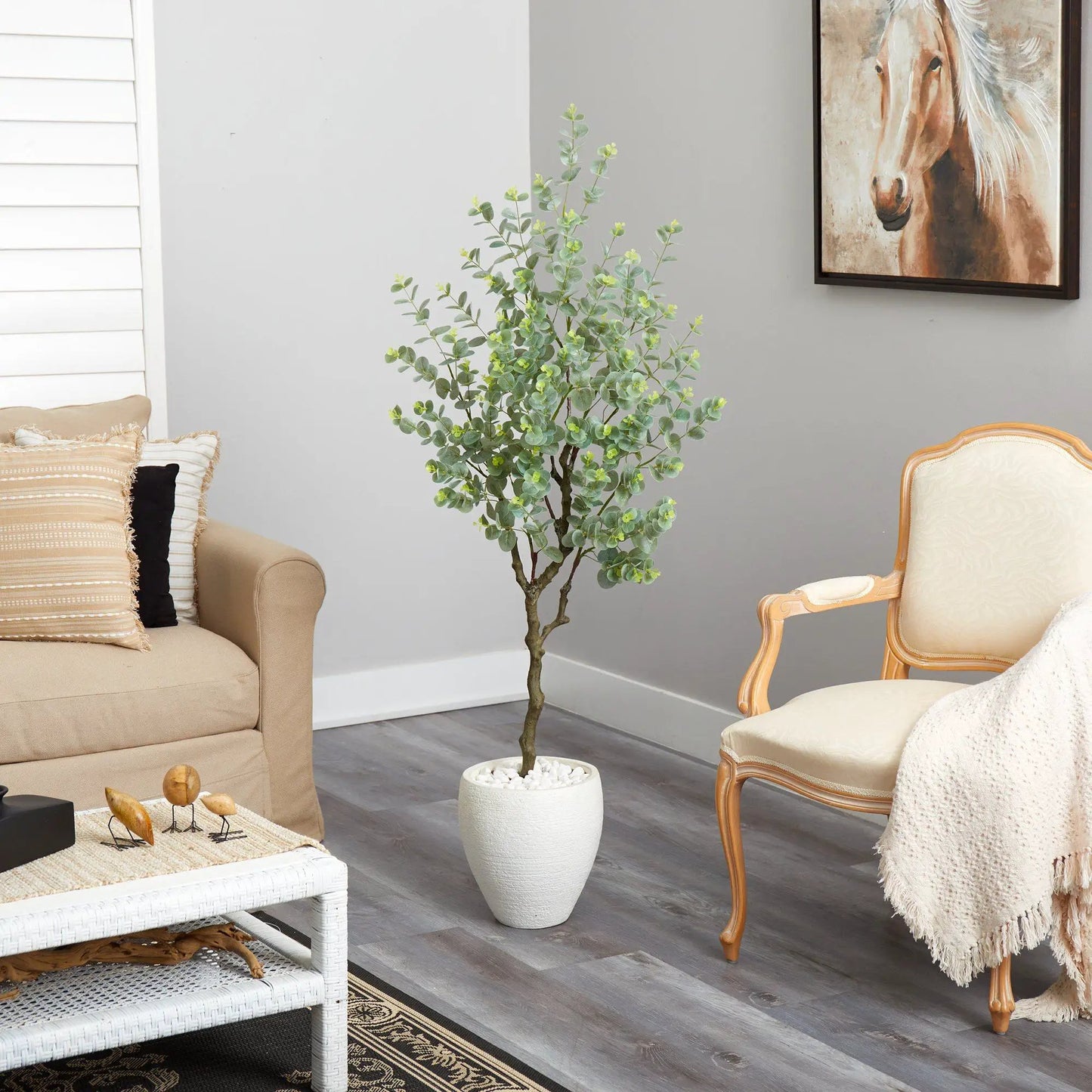 63 inch eucalyptus artificial tree in white ceramic planter with white pebbles Nearly Natural on Tampa Home & Garden Store