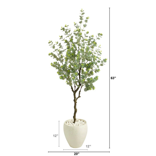 63 inch Nearly Natural eucalyptus artificial tree in a white planter with white stones on Tampa Home & Garden Store
