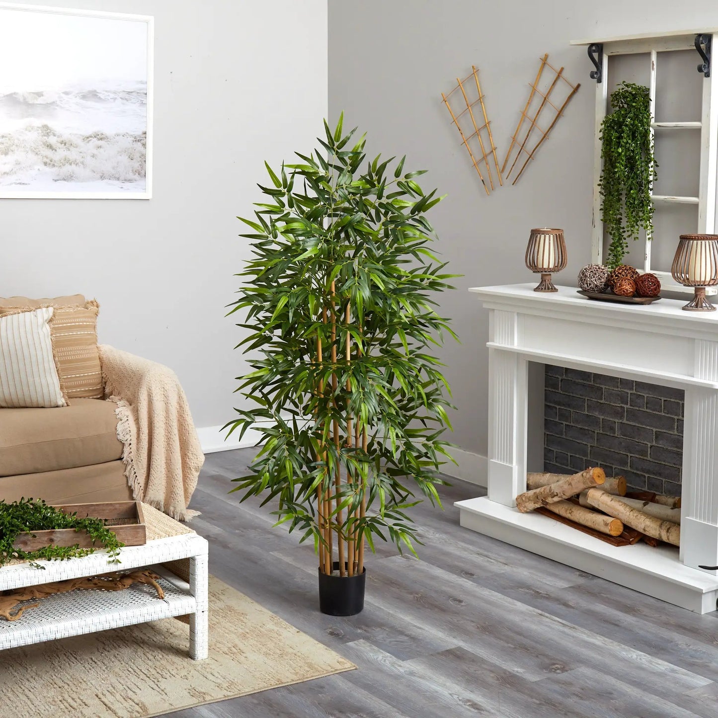 Tall 64 Inch Bamboo Silk Tree with lush green leaves in a black pot on Tampa Home & Garden Store