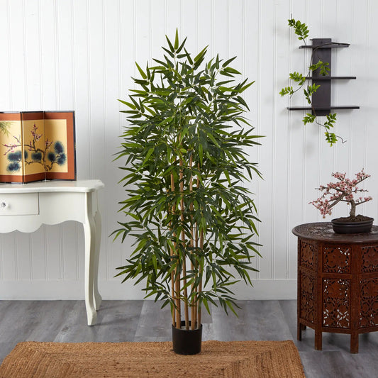 Tall 64 inch bamboo silk artificial tree by Nearly Natural with lush green leaves in a black pot on Tampa Home & Garden Store