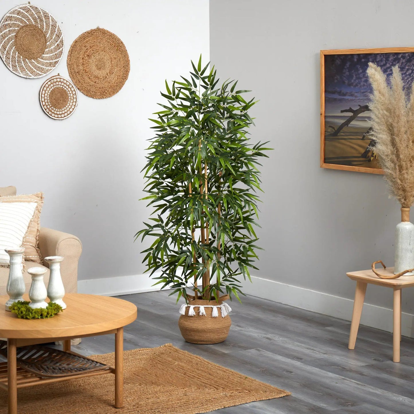 64-Inch Bamboo Tree in Boho Tassel Planter by Nearly Natural indoors on Tampa Home & Garden Store