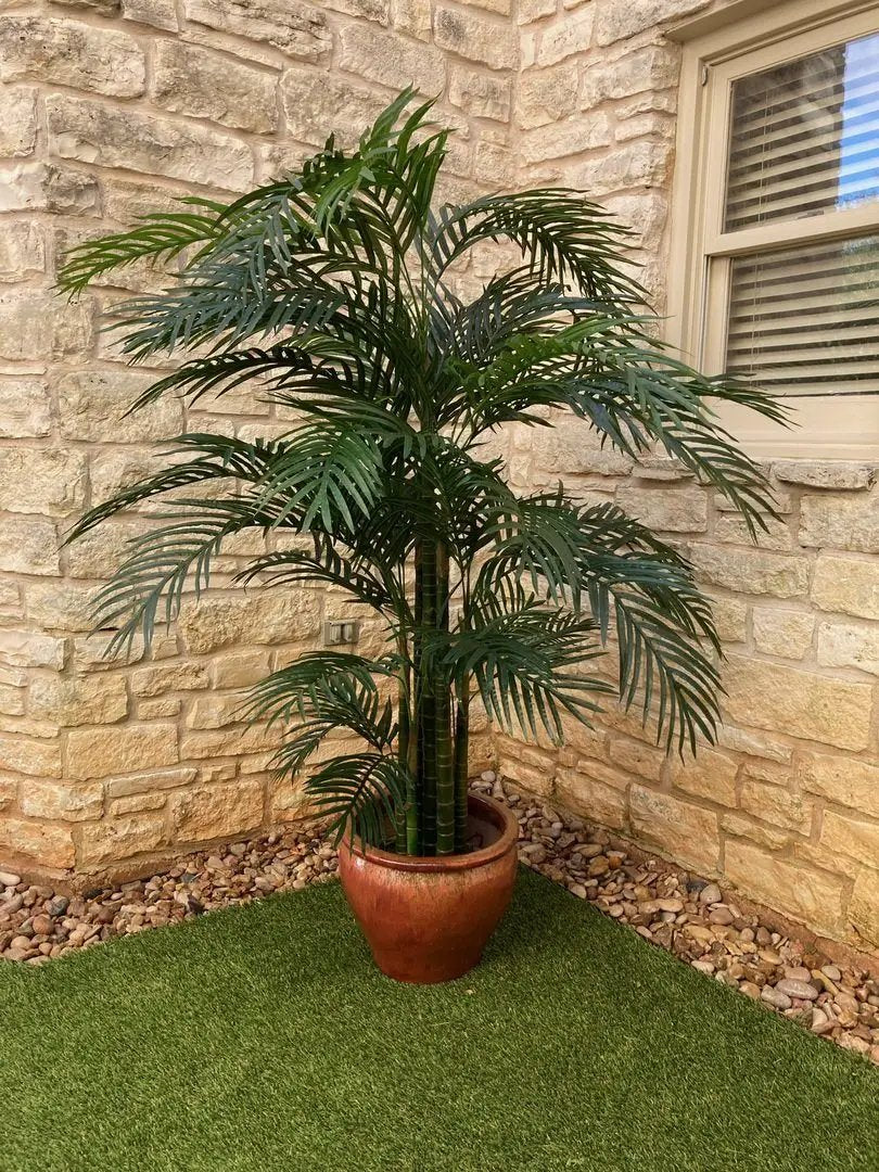 Areca Palm Nearly Natural UV Resistant 6.5 ft artificial palm in terracotta pot by wall on Tampa Home & Garden Store