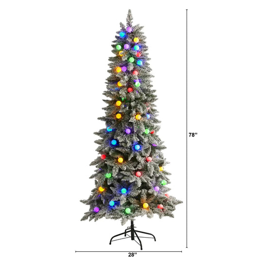 Nearly Natural flocked fir Christmas tree with 75 globe bulbs on a metal stand, 78 inches tall on Tampa Home & Garden Store