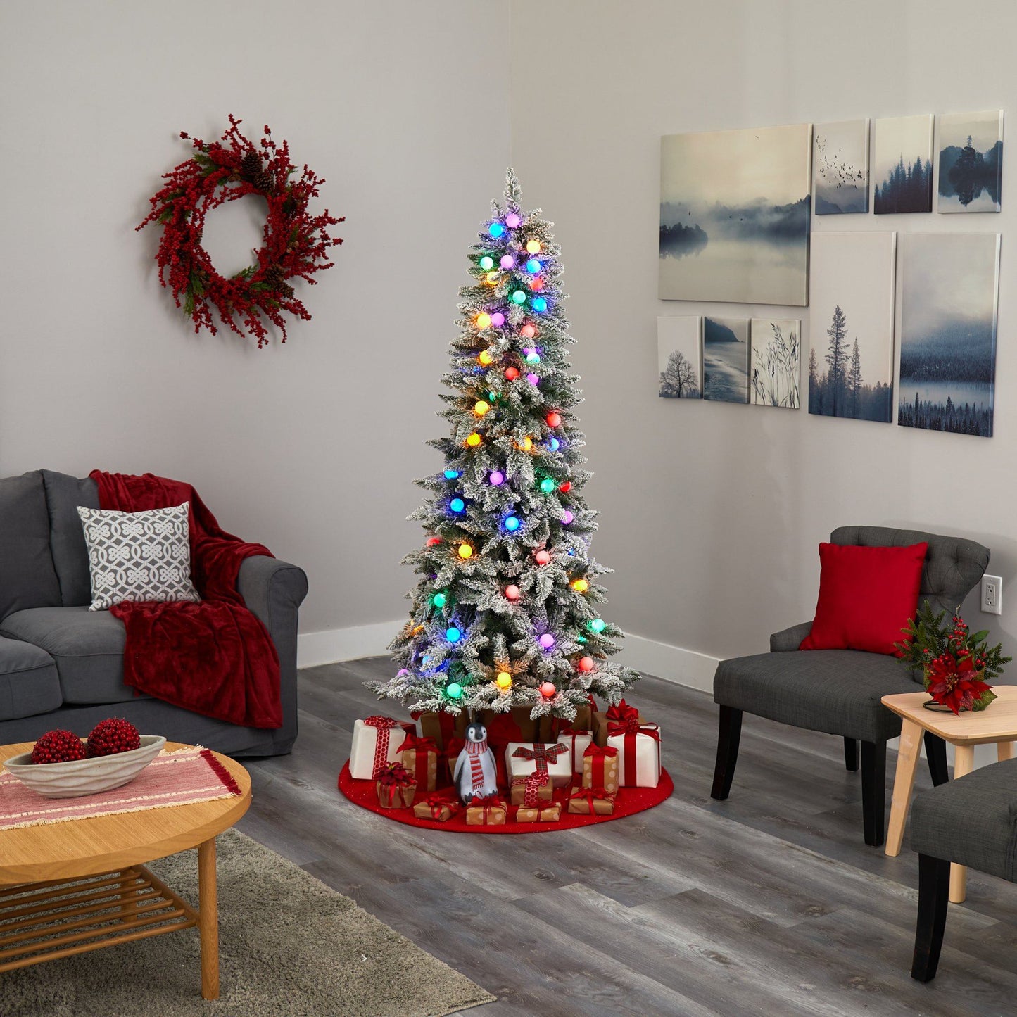 6.5' Flocked British Columbia Mountain Fir Artificial Christmas Tree with 75 Multi Color Globe Bulbs and 679 Bendable Branches