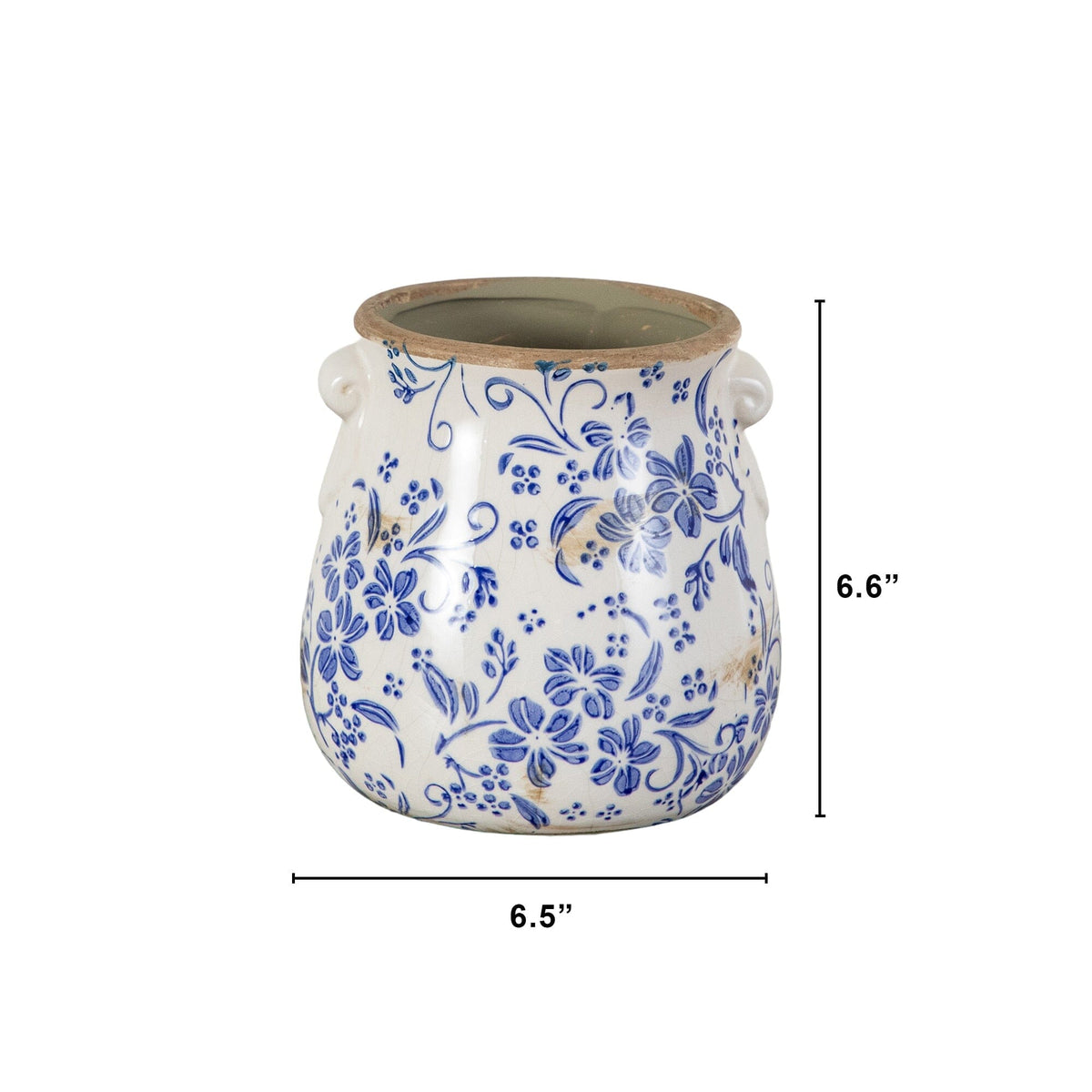 Planter 6.5in ceramic blue and white floral Tuscan scroll design with terra cotta rim on Tampa Home & Garden Store