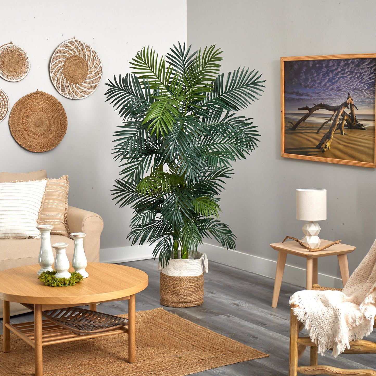Golden Cane Artificial Palm Tree in Jute Planter with green fronds in a living room on Tampa Home & Garden Store