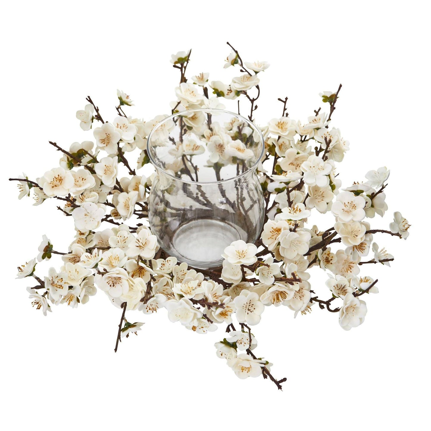 6.5-inch plum blossom candelabrum with white blooms in a clear glass vase on Tampa Home & Garden Store