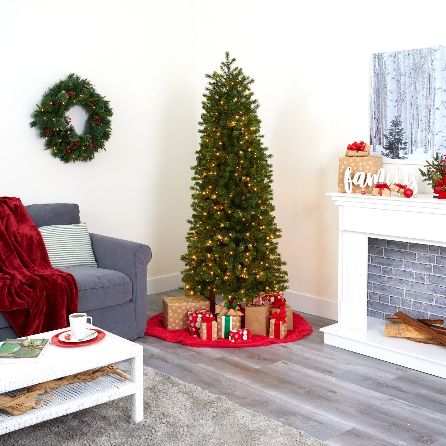 Slim Colorado Mountain Spruce artificial Christmas tree by Nearly Natural with warm white lights on Tampa Home & Garden Store