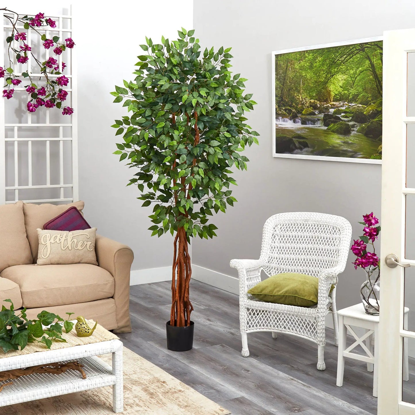 6.5 ft ficus artificial tree with natural trunk by Nearly Natural in living room on Tampa Home & Garden Store