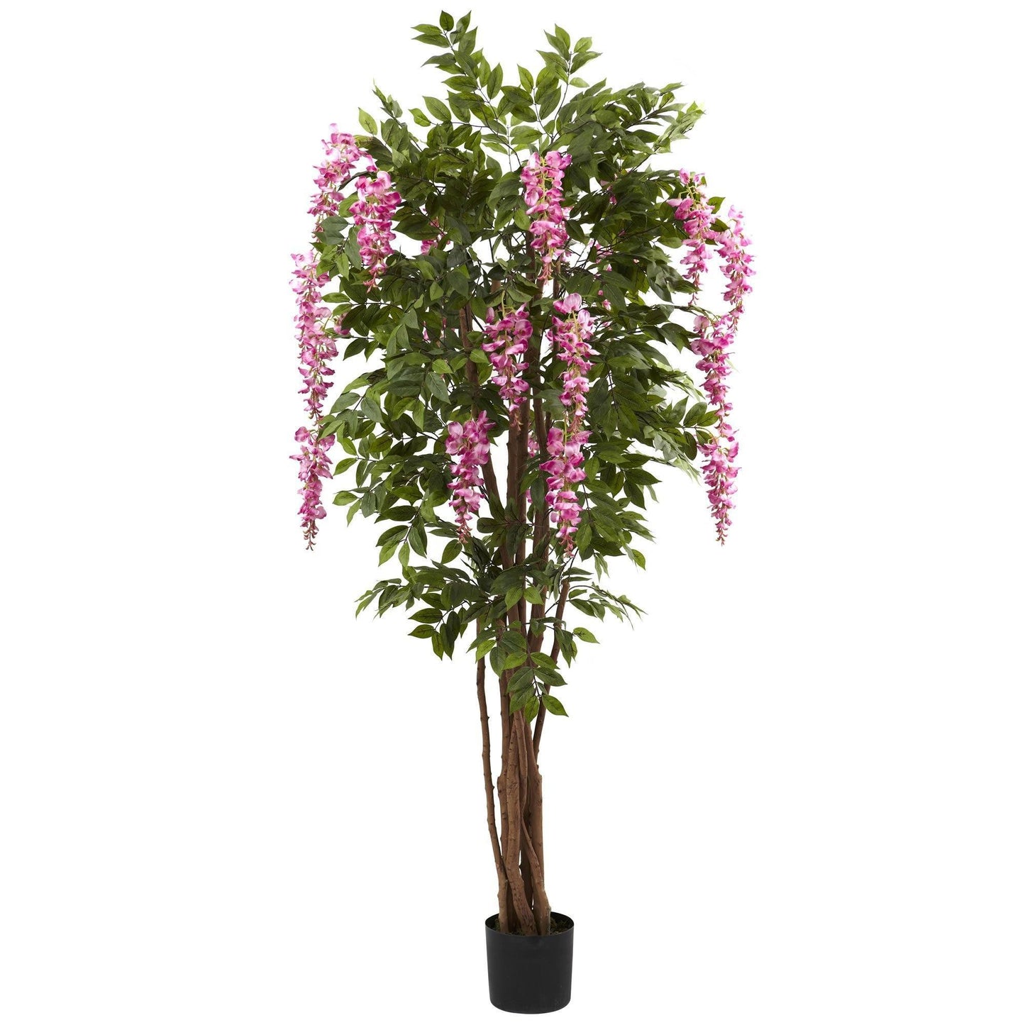Wisteria Silk Tree 6.5 ft tall by Nearly Natural with cascading pink blooms in a black pot on Tampa Home & Garden Store