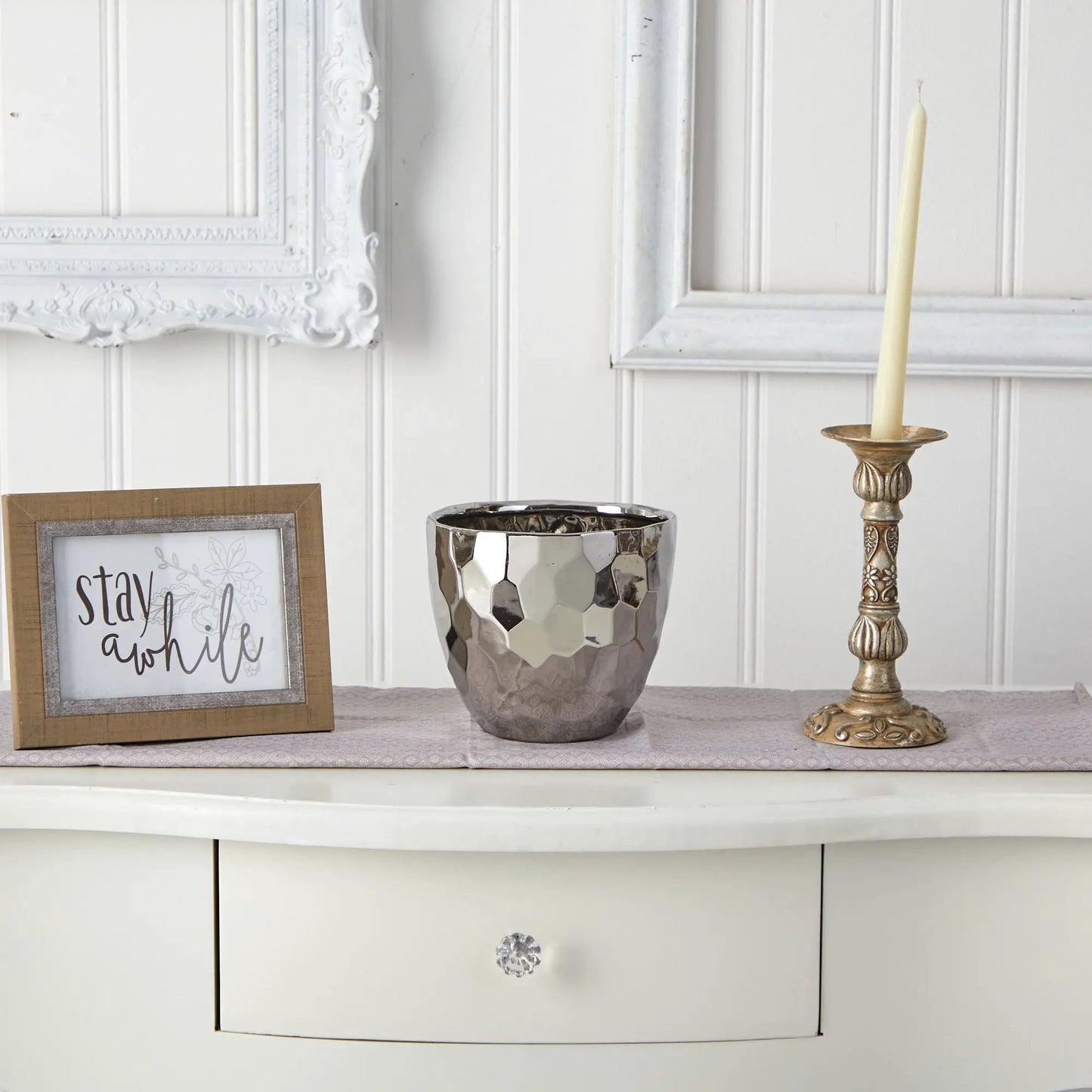 Designer Silver Bowl with hammered geometric facets for modern decor on Tampa Home & Garden Store