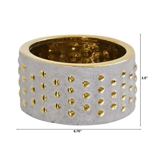 Regal Stone Hobnail Planter with Gold Accents, gray finish and gold hobnails, Nearly Natural on Tampa Home & Garden Store