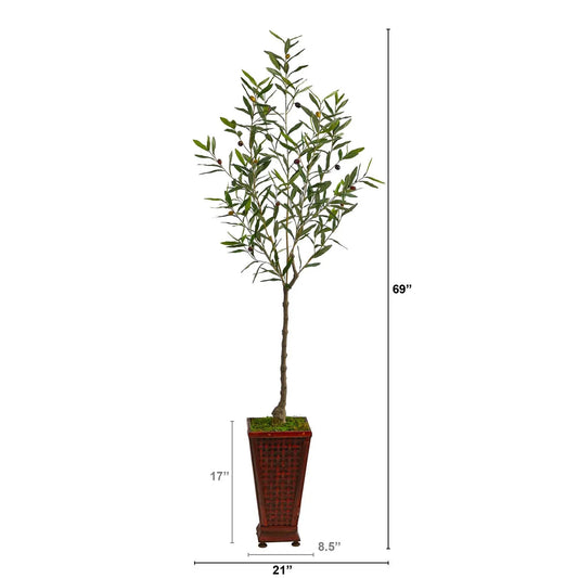 Olive artificial tree, 69in tall, green leaves with olives in decorative red wicker planter on Tampa Home & Garden Store