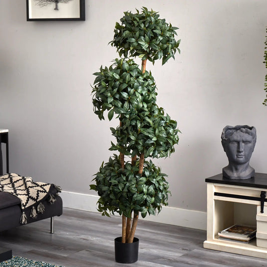 69in Sweet Bay Topiary w/4 Balls Silk Tree by Nearly Natural, glossy leaves in a black pot on Tampa Home & Garden Store