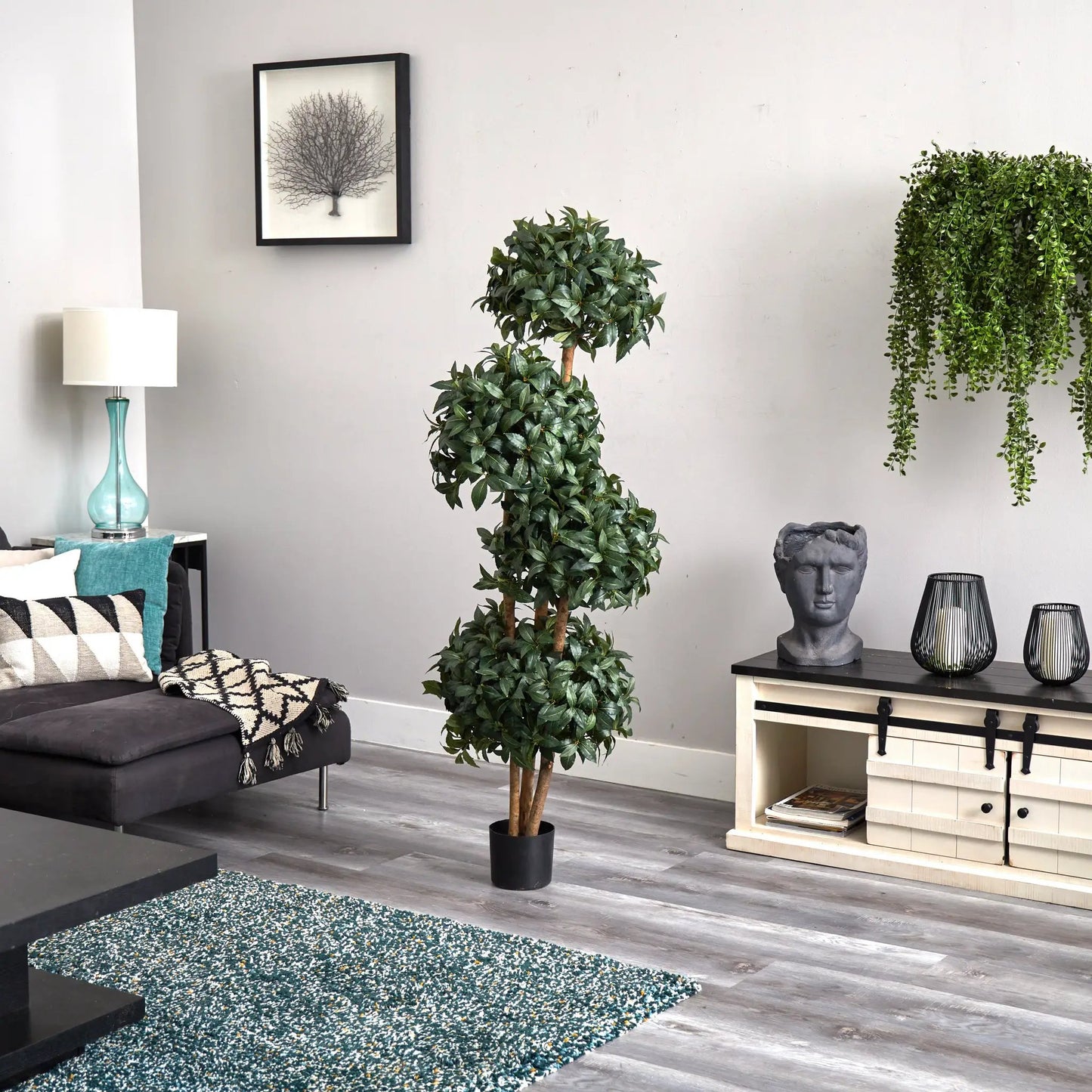 69 Sweet Bay Topiary with Four Balls Silk Tree, lush green leaves in a black pot on Tampa Home & Garden Store