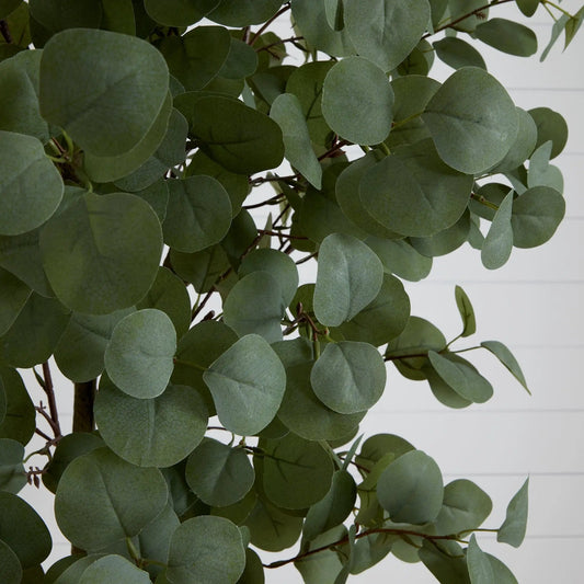 7 Foot Lifelike Artificial Eucalyptus Tree closeup leaves; green leaves on brown stems on Tampa Home & Garden Store