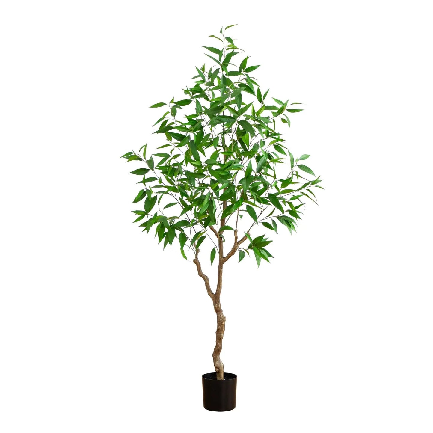7 Feet artificial long leaf Greco eucalyptus tree by Nearly Natural in a black pot on Tampa Home & Garden Store
