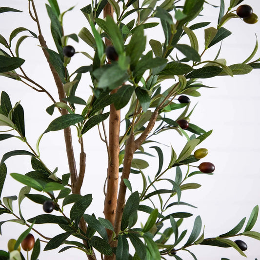 Artificial olive tree with green leaves and dark olives, natural brown trunk on Tampa Home & Garden Store