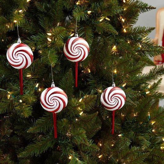 7 inch candy cane lollipop ornament set with red white swirls on red stems for Christmas tree on Tampa Home & Garden Store
