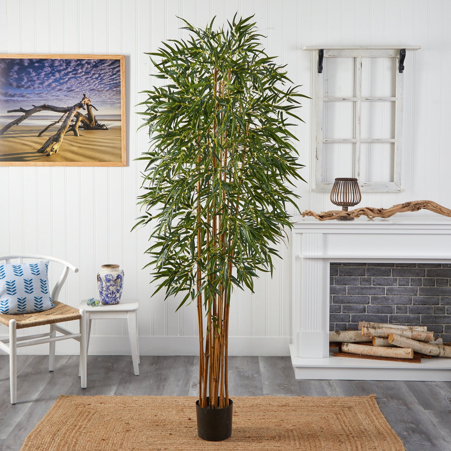 7' Fancy Style Slim Bamboo Silk Tree by Nearly Natural in black pot with green leaves on Tampa Home & Garden Store