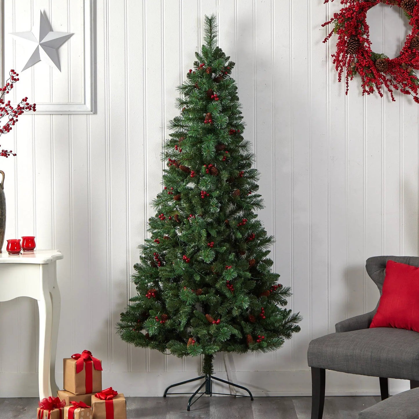 7’ Flat Back Montreal Mountain Artificial Christmas Tree with Pine Cones and Berries - Tampa Home & Garden Store