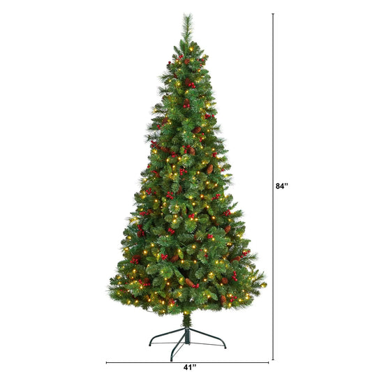 Nearly Natural 7ft flat-back artificial Christmas tree with pine cones and warm lights on Tampa Home & Garden Store