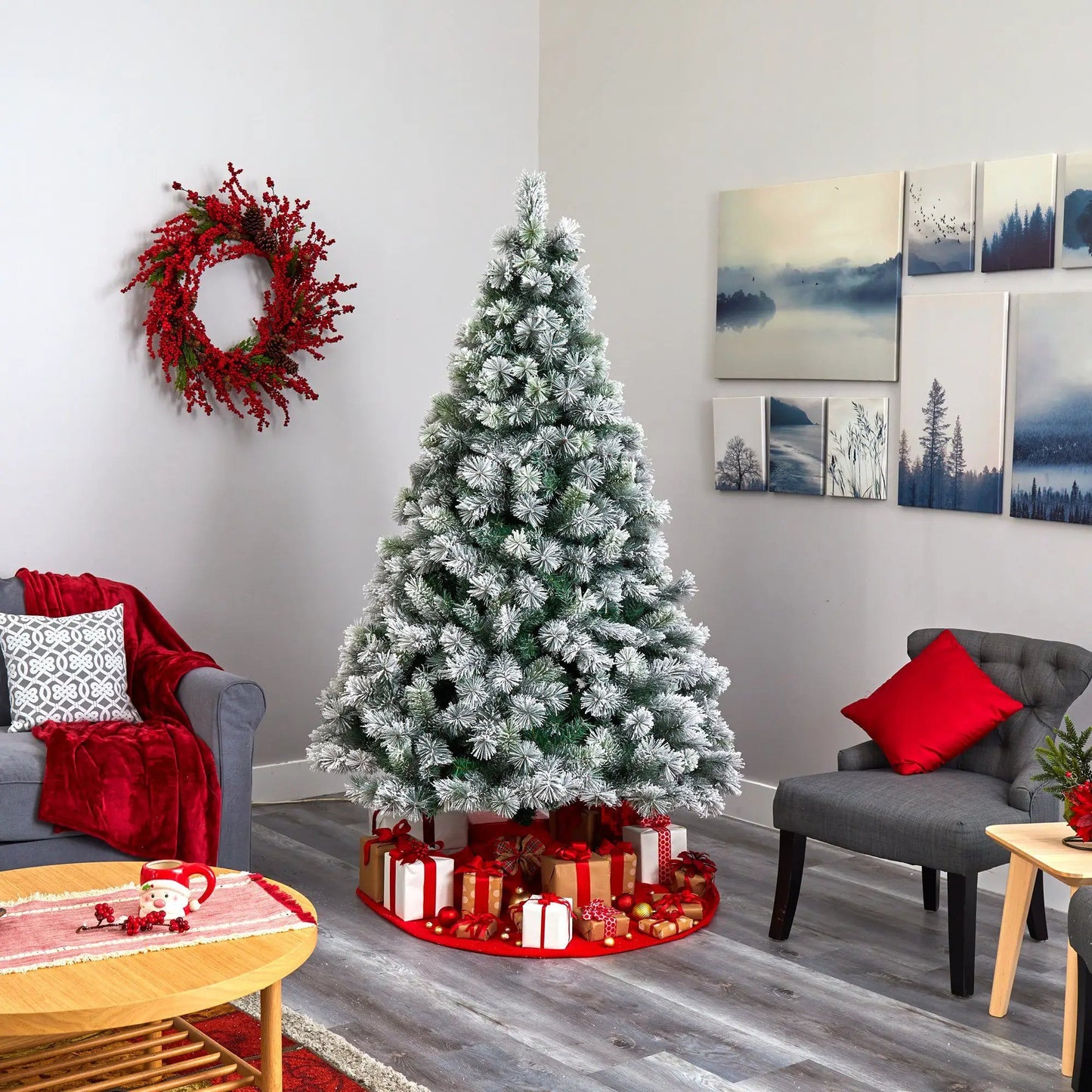 7 ft Flocked Pine Christmas Tree with 400 Lights by Nearly Natural in a cozy living room on Tampa Home & Garden Store