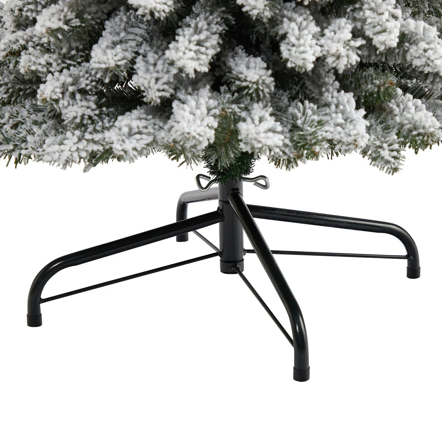 7 ft flocked pencil Christmas tree with snow-covered branches on a black metal stand on Tampa Home & Garden Store