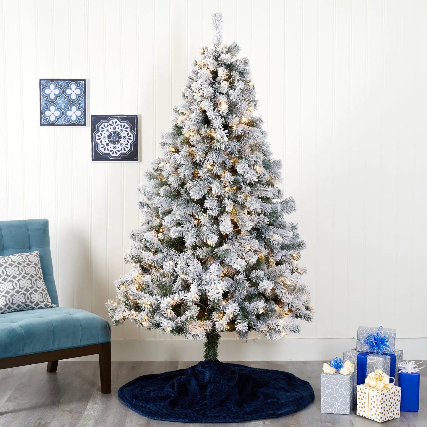 7 ft Nearly Natural flocked Virginia fir artificial Christmas tree with warm LED lights on Tampa Home & Garden Store