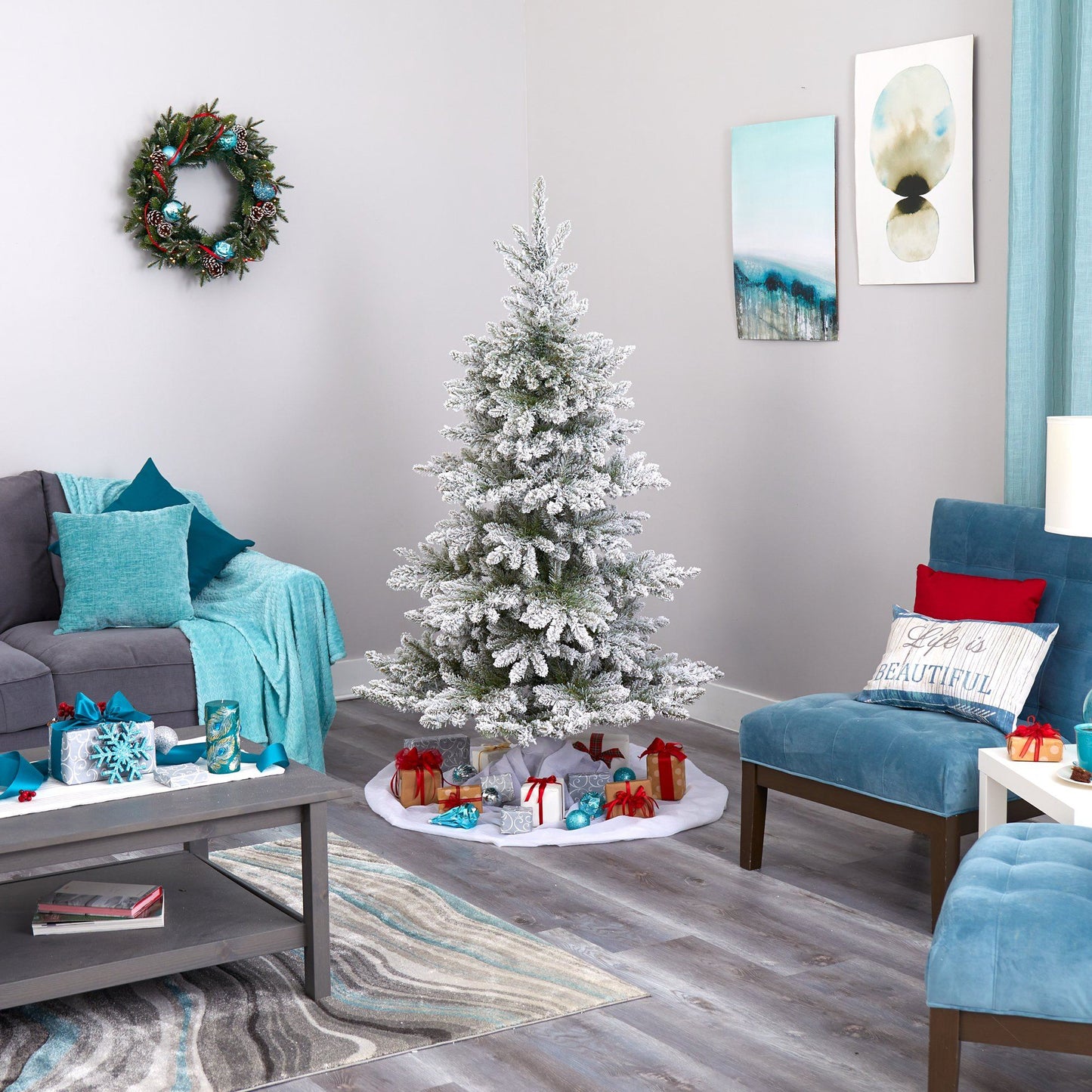 7 ft Nearly Natural flocked West Virginia Spruce artificial Christmas Tree with snow flocking on Tampa Home & Garden Store
