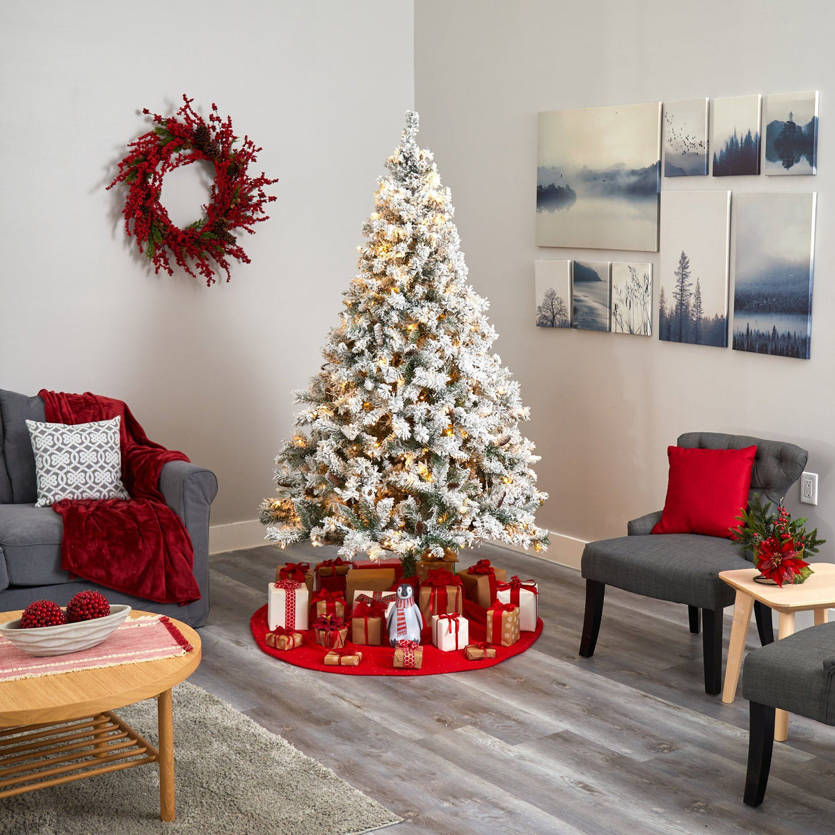 7 ft flocked white pine artificial Christmas tree Nearly Natural with pinecones and LEDs on Tampa Home & Garden Store
