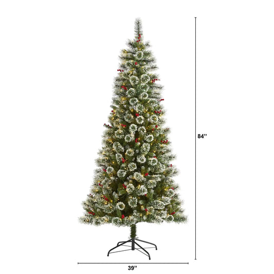 Frosted Swiss Pine Christmas Tree with 400 clear LED lights on metal stand 84in tall by Nearly Natural on Tampa Home & Garden Store