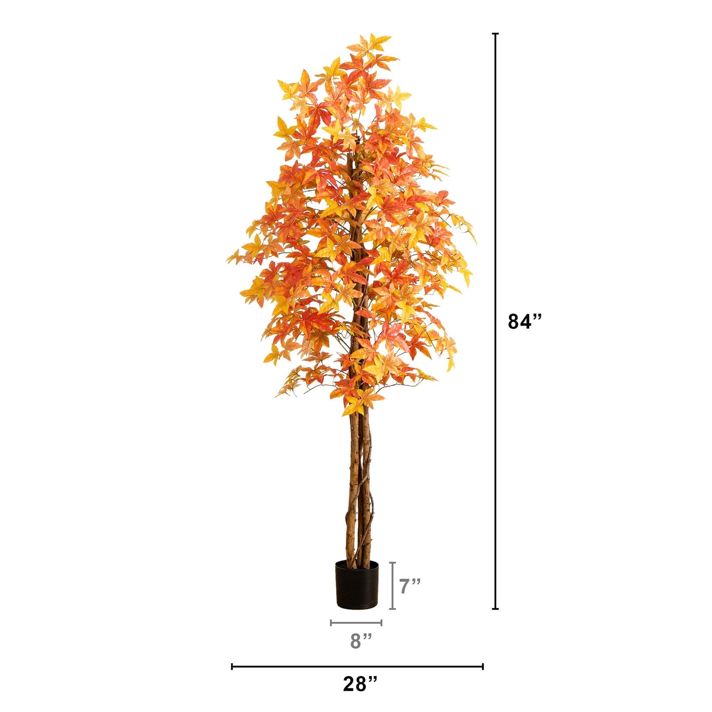 7' Autumn Deluxe Maple Artificial Fall Tree by Nearly Natural in a black pot with orange leaves on Tampa Home & Garden Store
