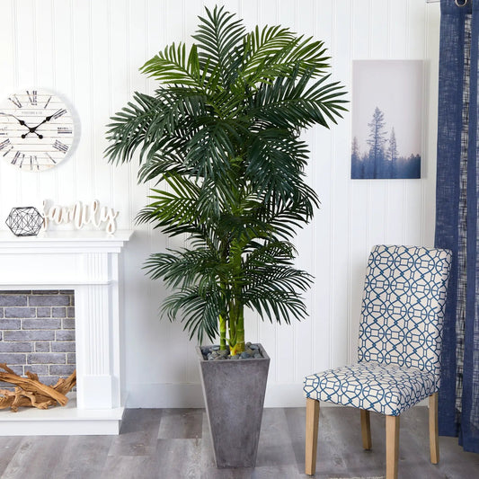 7 Foot Golden Cane Palm Tree in Cement Planter Nearly Natural green fronds on Tampa Home & Garden Store
