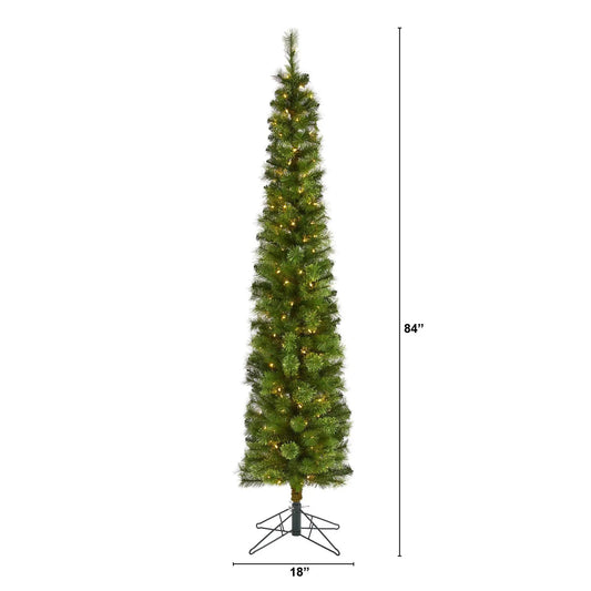 7ft green pencil Christmas tree with 338 bendable branches, pre-lit LEDs on a metal stand on Tampa Home & Garden Store