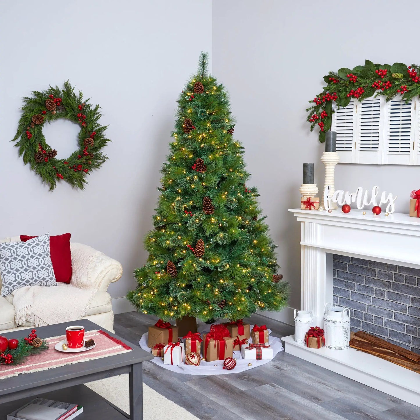 7 ft Pine Christmas Tree with LED lights and pinecones, dark green needles, Nearly Natural on Tampa Home & Garden Store