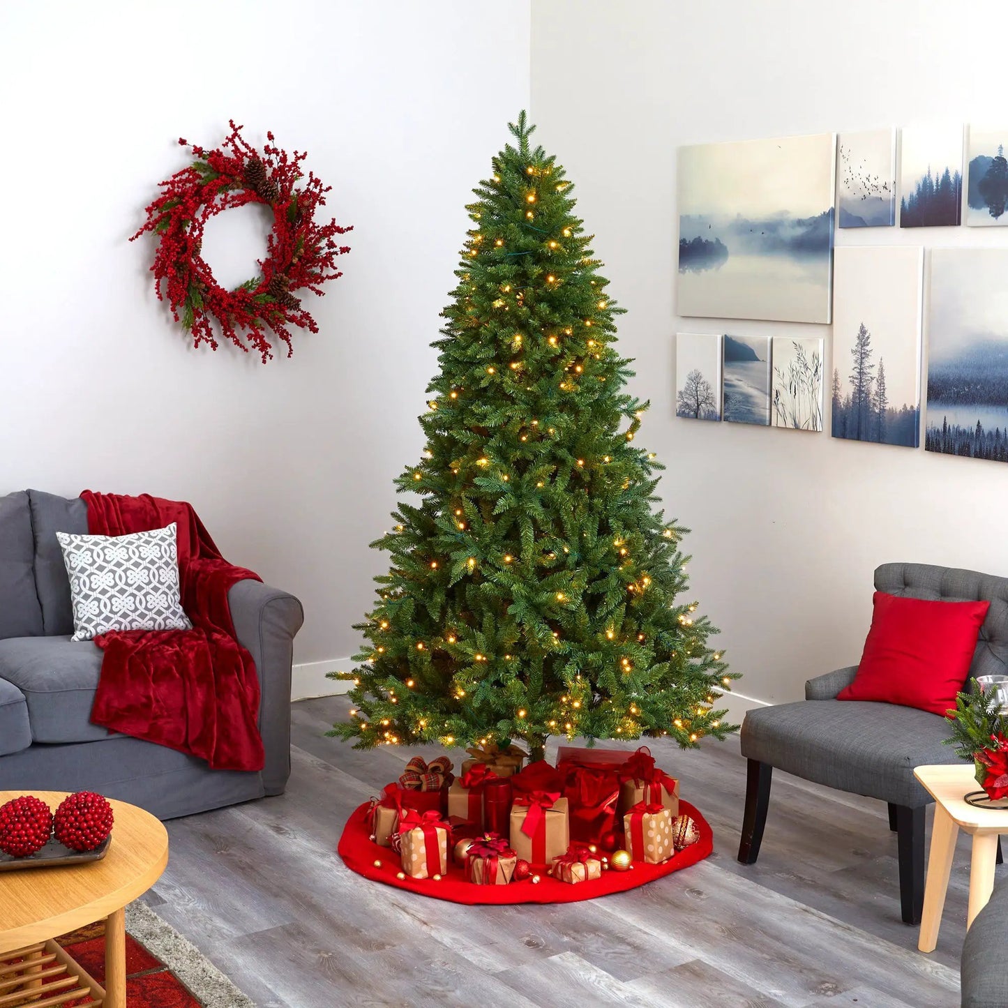 7 ft New Hampshire Fir artificial Christmas tree by Nearly Natural with lights in living room on Tampa Home & Garden Store