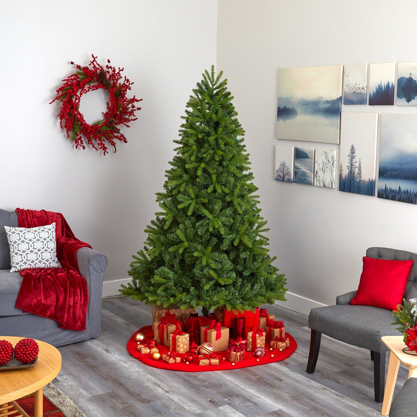 7ft New Haven Spruce Natural Look LED Christmas Tree with 500 lights in a cozy living room on Tampa Home & Garden Store