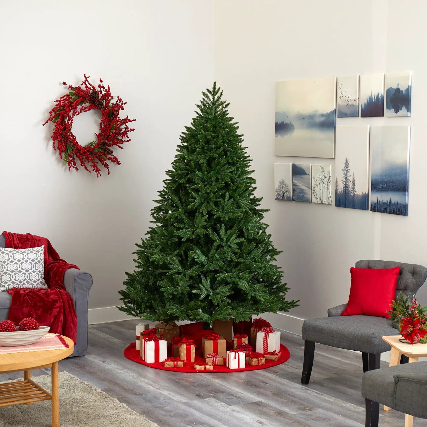 7 ft Nearly Natural Oregon Spruce Christmas Tree green in living room with gifts on Tampa Home & Garden Store
