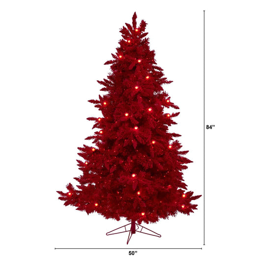 Red flocked Fraser Fir artificial Christmas tree with 500 red lights on stand, 50 in wide on Tampa Home & Garden Store