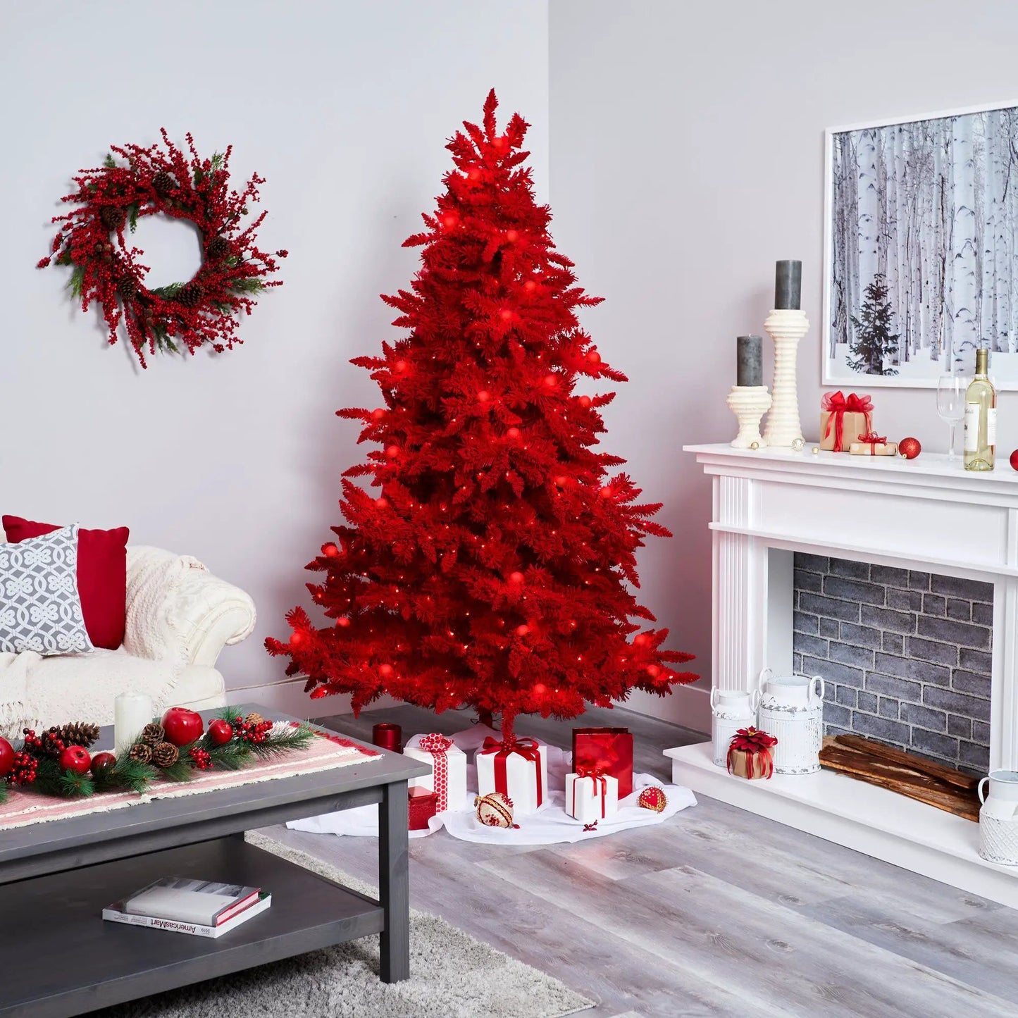 Red flocked Fraser fir Christmas tree by Nearly Natural with 500 lights on Tampa Home & Garden Store