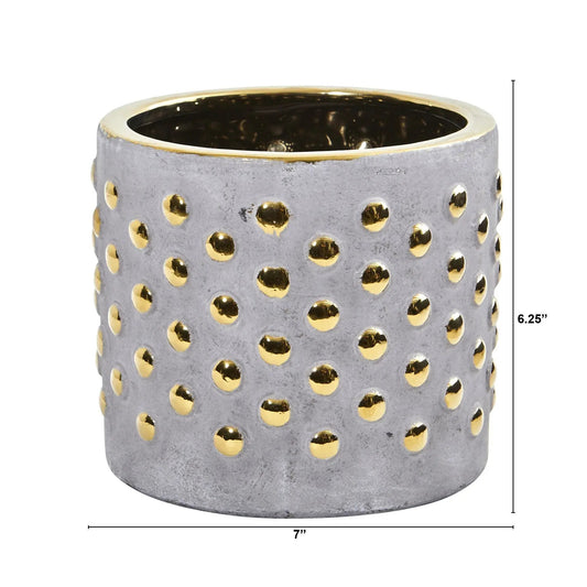 7 Inch Stone Hobnail Planter with Gold Accents gray stoneware with gold hobnail dots and rim on Tampa Home & Garden Store