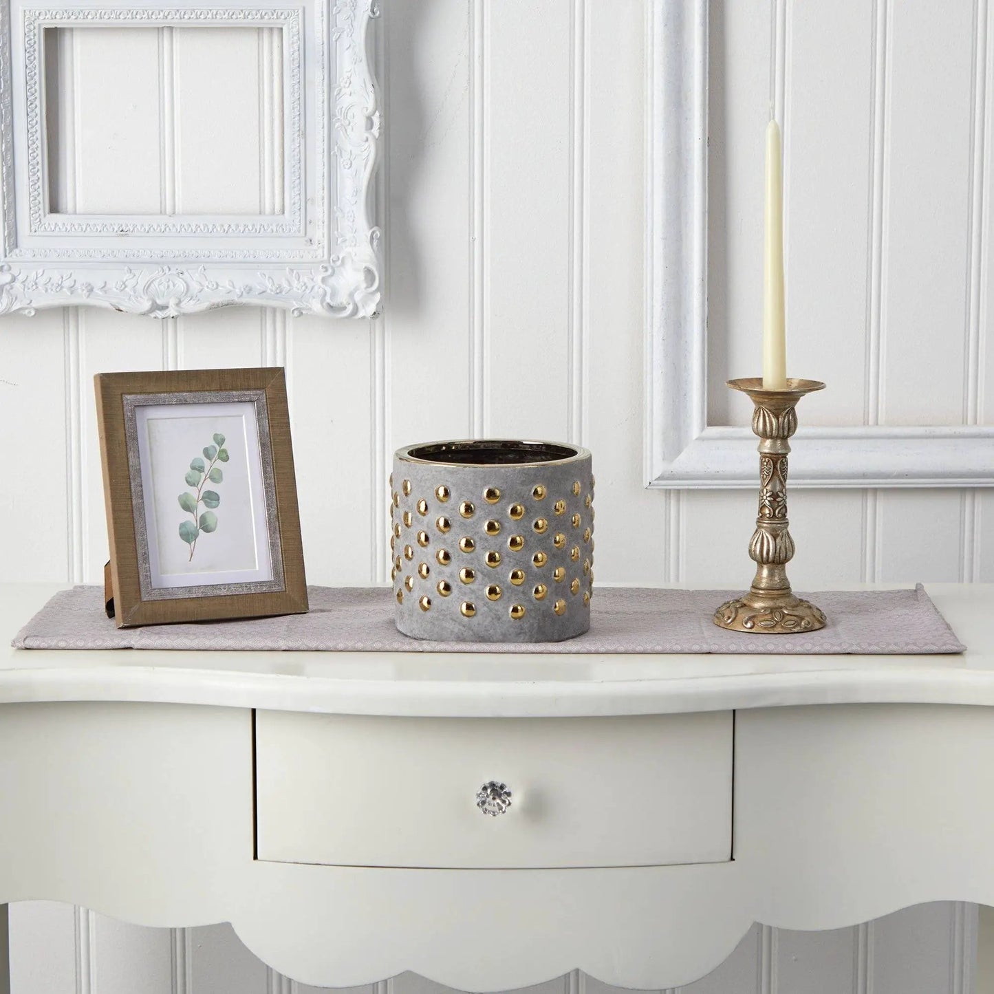 7-inch stone hobnail planter in grey stoneware with gold accents on Tampa Home & Garden Store