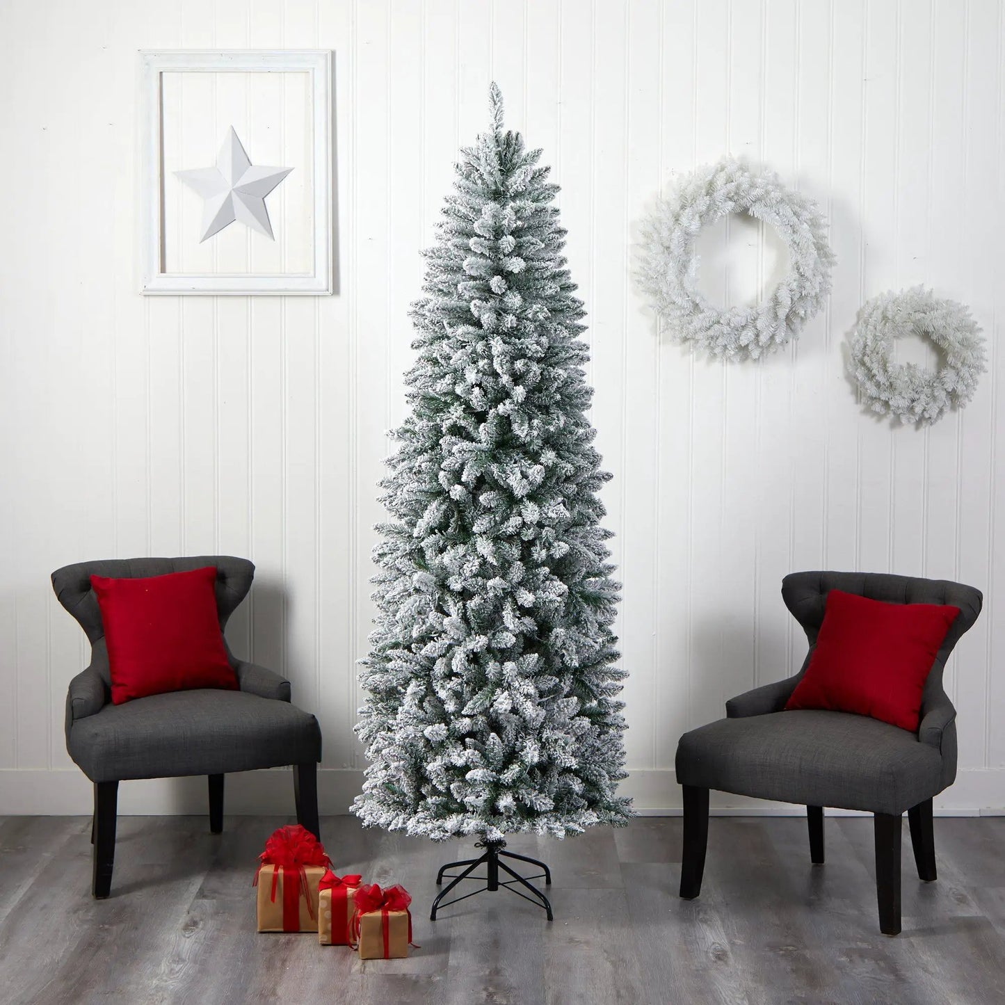 7ft Slim Flocked Montreal Fir Christmas Tree Nearly Natural, flocked needles in living room on Tampa Home & Garden Store