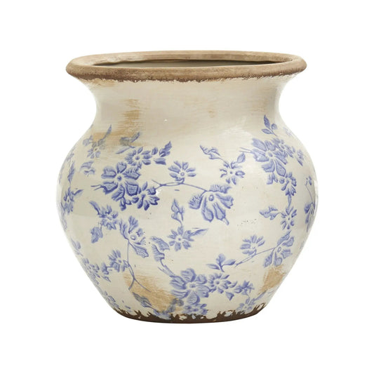 7 inch Tuscan ceramic blue scroll urn vase with cream glaze and brown rim on Tampa Home & Garden Store