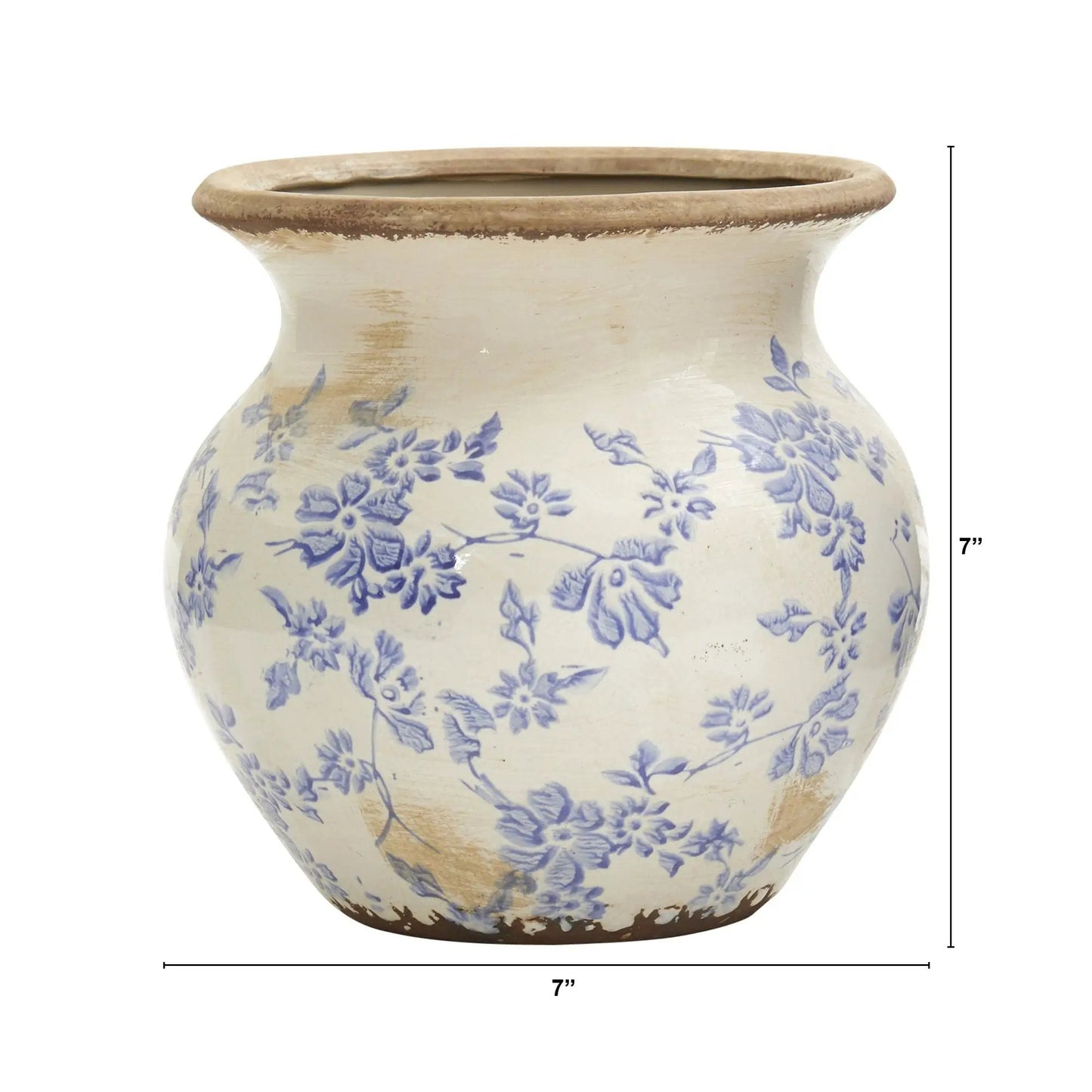 7 Inch Tuscan Ceramic Blue Scroll Urn Vase with cream glaze and blue floral pattern on Tampa Home & Garden Store
