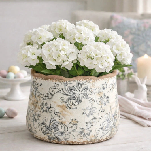 7-Inch Tuscan ceramic gray scroll planter with white hydrangea arrangement by Nearly Natural on Tampa Home & Garden Store