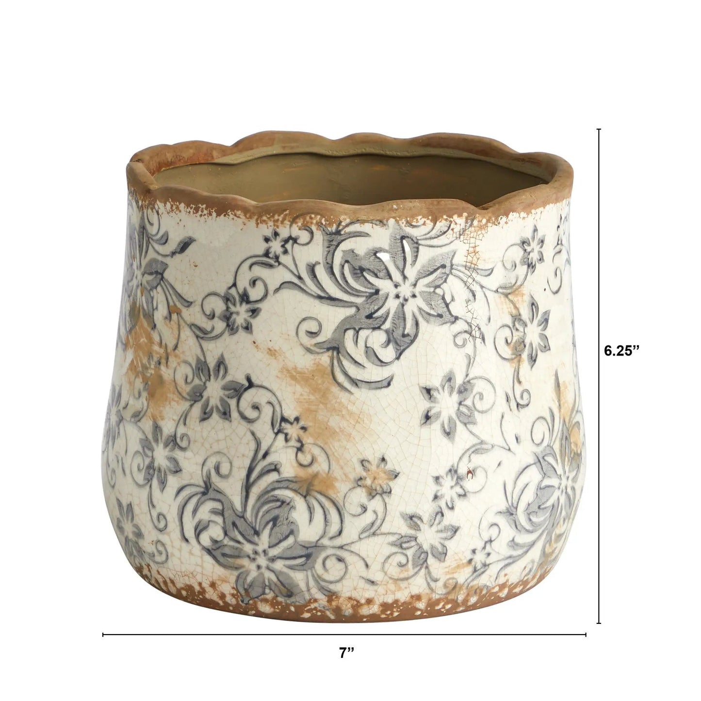 7-inch Tuscan ceramic gray scroll planter by Nearly Natural with scalloped rim and glaze on Tampa Home & Garden Store