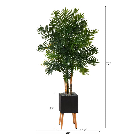 Nearly Natural 70-inch Areca Palm artificial tree in black square planter with wooden stand on Tampa Home & Garden Store