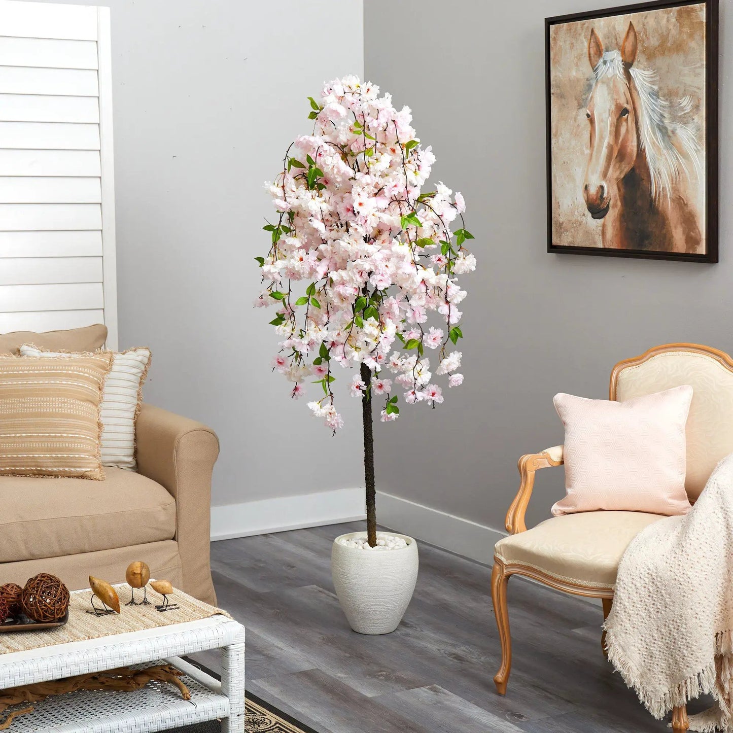 Cherry Blossom Artificial Tree in White Planter with pink blossoms, 70in tall on Tampa Home & Garden Store